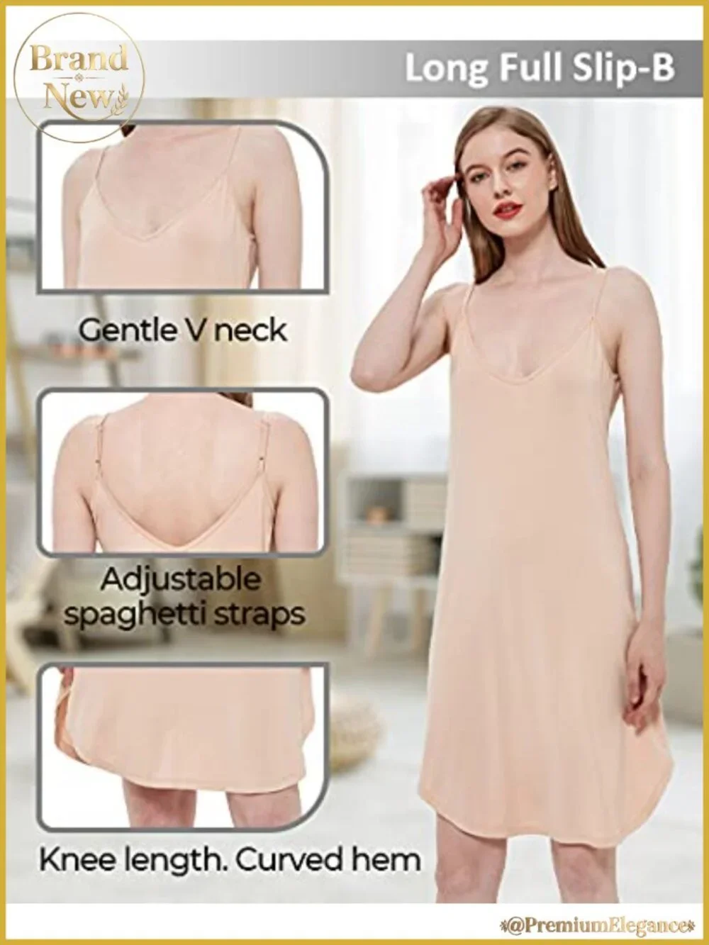 Bamboo Viscose Full Slip Dress with Adjustable Straps, Knee Length